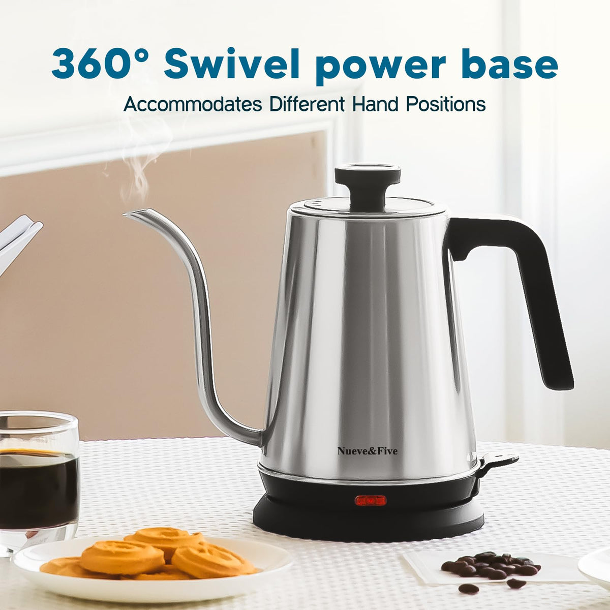 Nueve&Five Gooseneck Kettle cord-free serving with removable lid for easy cleaning.