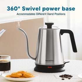Nueve&Five Gooseneck Kettle cord-free serving with removable lid for easy cleaning.