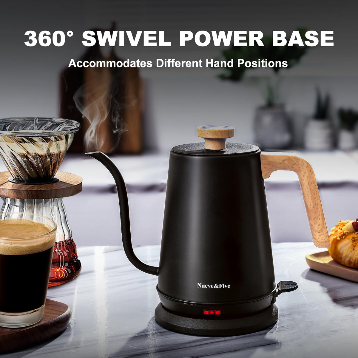 Nueve&Five cordless gooseneck kettle with comfortable handle for easy pouring.