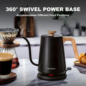 Nueve&Five cordless gooseneck kettle with comfortable handle for easy pouring.