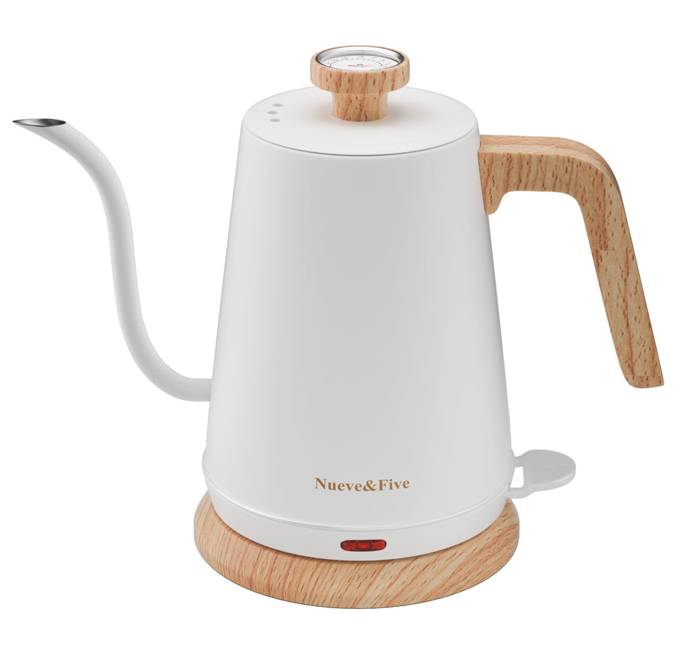 Nueve&Five gooseneck kettle with on-lid thermometer for precise temperature control.