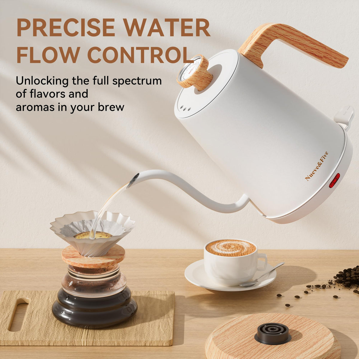 Nueve&Five gooseneck kettle shows a steady, controlled pour for pour-over coffee.