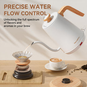 Nueve&Five gooseneck kettle shows a steady, controlled pour for pour-over coffee.