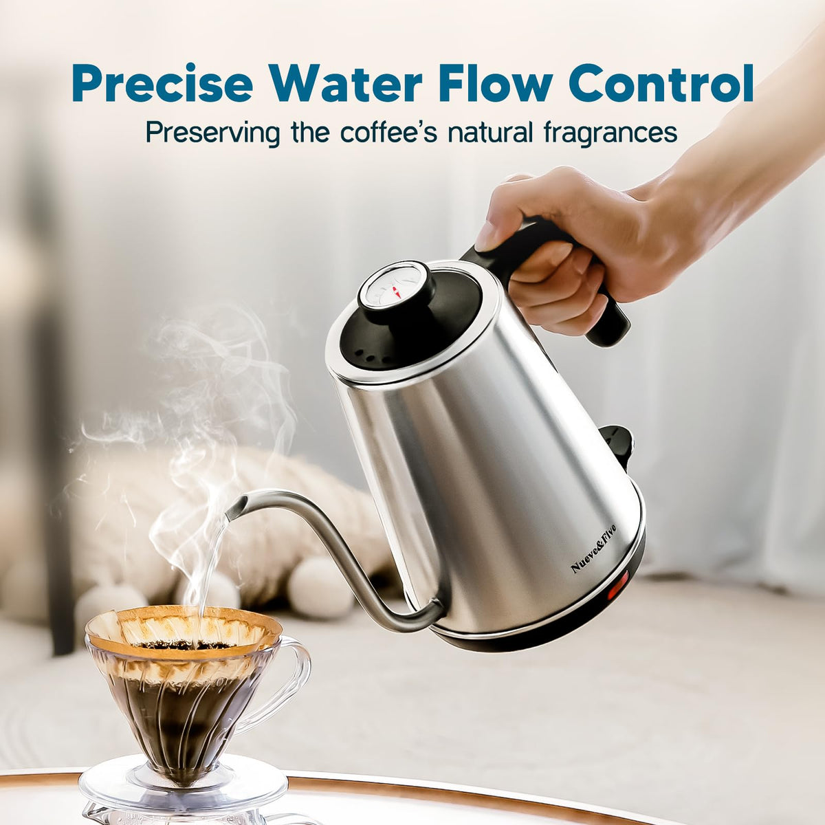 Nueve&Five Gooseneck Kettle spout close-up enabling precise pour-over control.