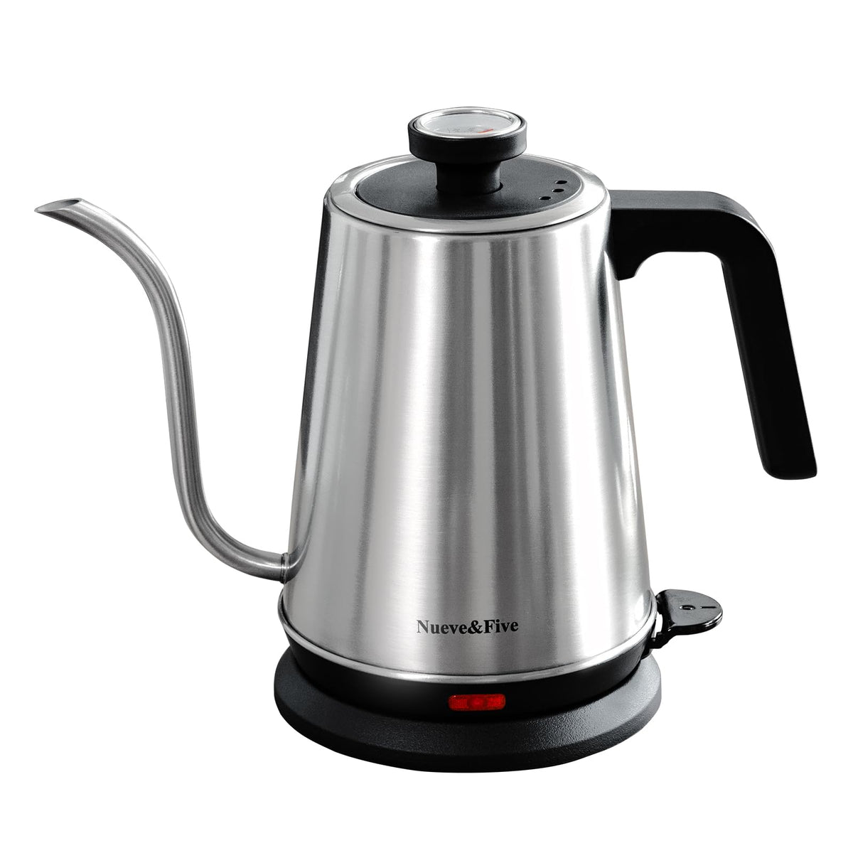 Nueve&Five Gooseneck Kettle with on-lid thermometer for precise temperature control.