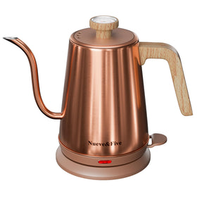 Nuevefive gooseneck kettle with thermometer for precise coffee and tea temperatures.