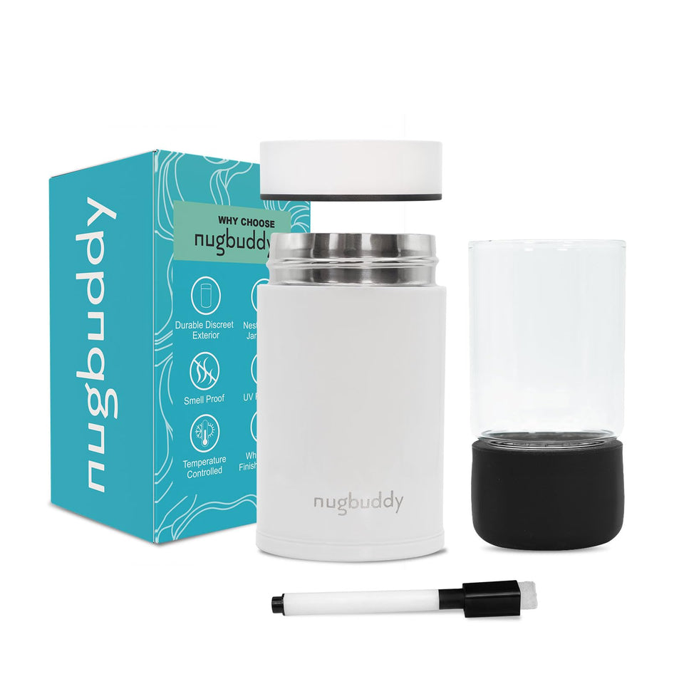 Nugbuddy Mini airtight container outer shows a durable stainless exterior protecting contents on the go.