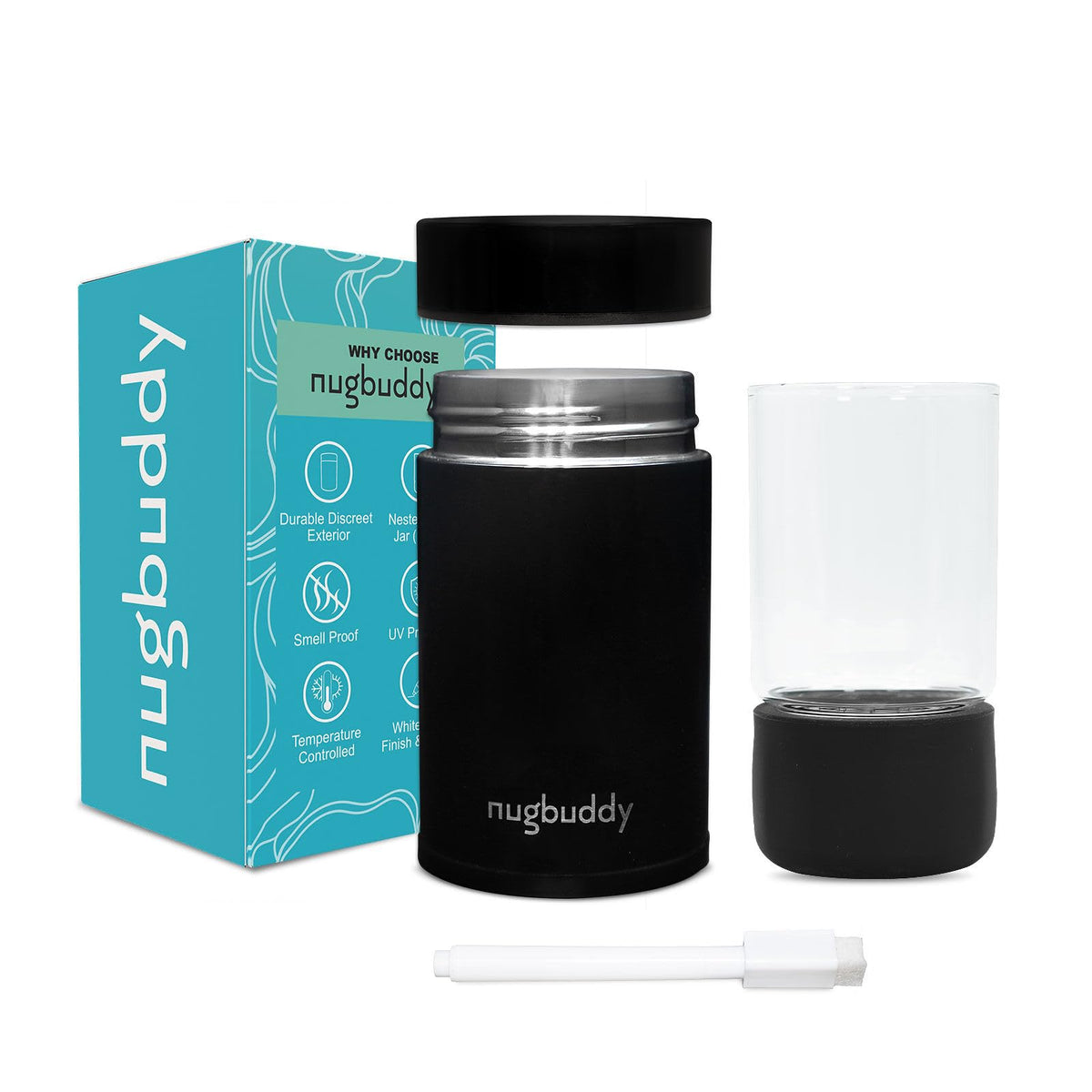 Nugbuddy Mini airtight container with vacuum seal and whiteboard finish for labeling