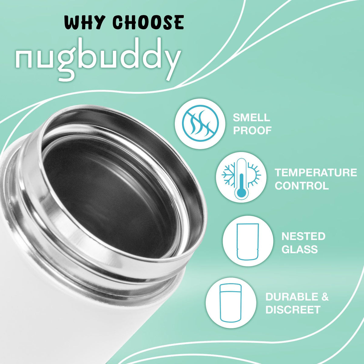 Nugbuddy Mini nested glass jar provides clear view while preserving freshness.