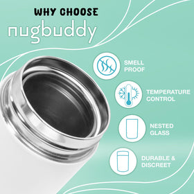 Nugbuddy Mini nested glass jar provides clear view while preserving freshness.