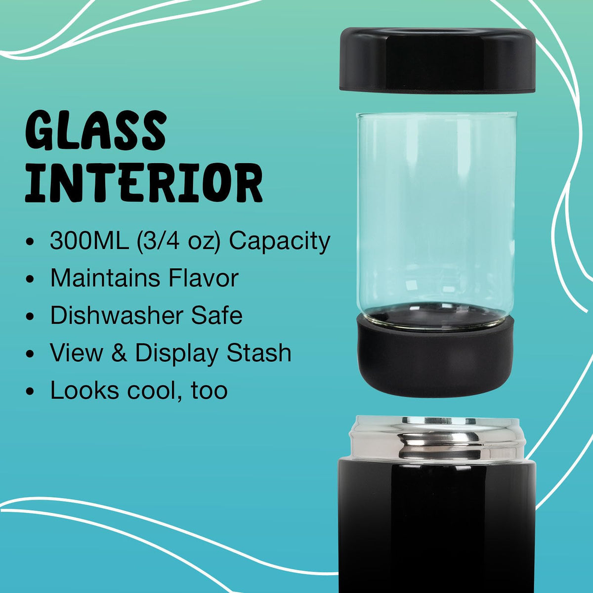 Nugbuddy nested glass jar inside highlights space-saving design for organized storage.