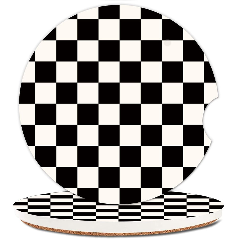 NUGGHU absorbent ceramic car coaster in checkerboard design keeps spills under control