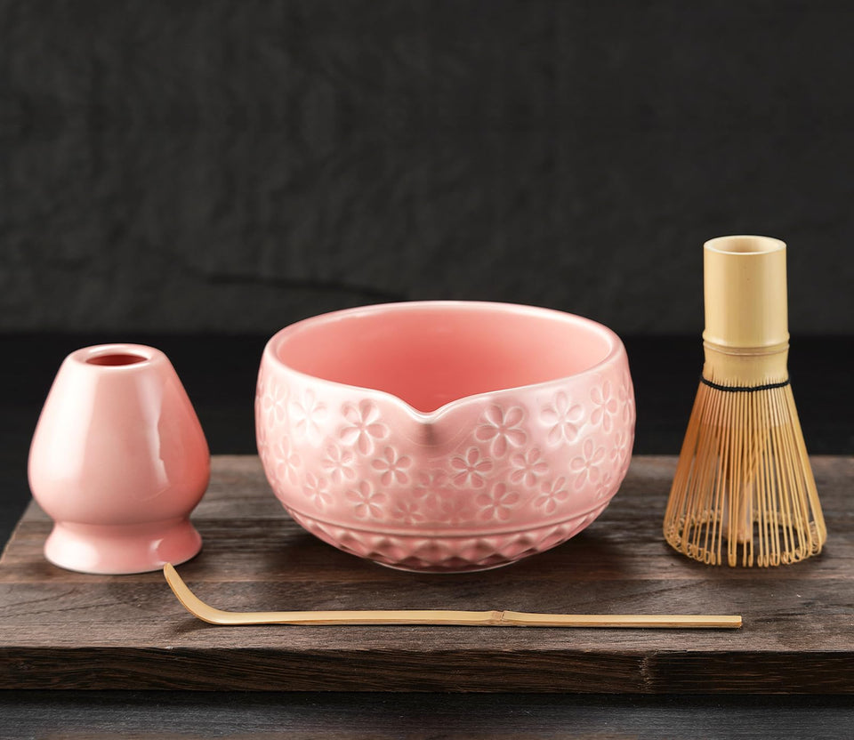 NUKALO pink ceramic matcha bowl with spout for neat pours.
