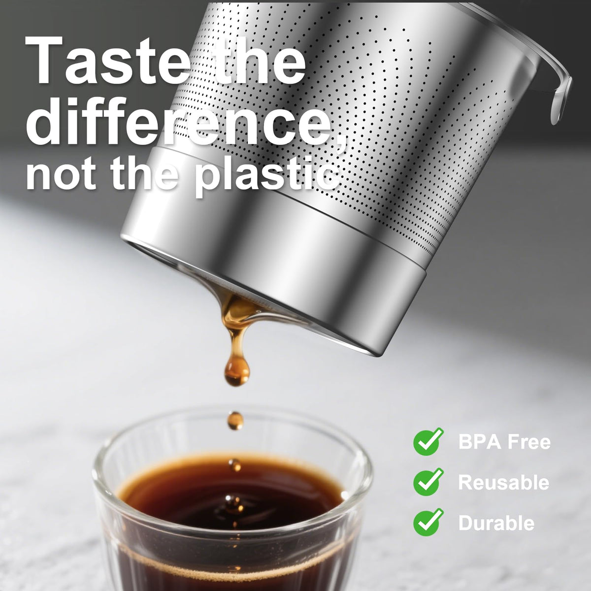 NUKALO stainless steel filter close-up showing pure coffee taste, free from plastic aftertaste