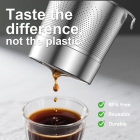 NUKALO stainless steel filter close-up showing pure coffee taste, free from plastic aftertaste