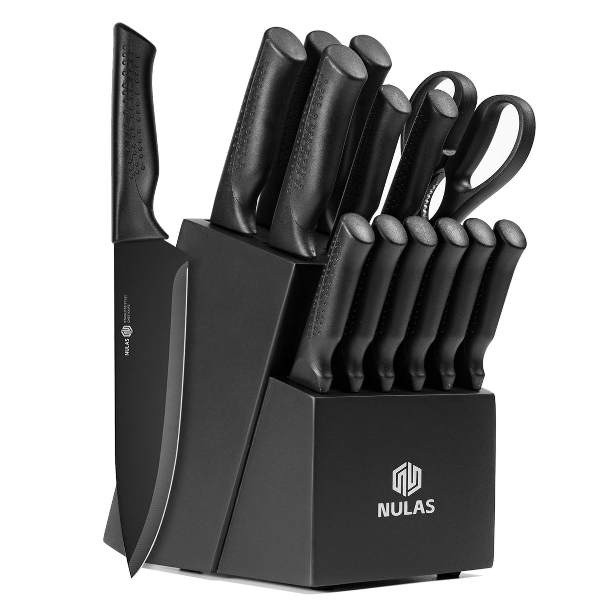 NULAS knife set in block with built-in sharpener for effortless edge upkeep.