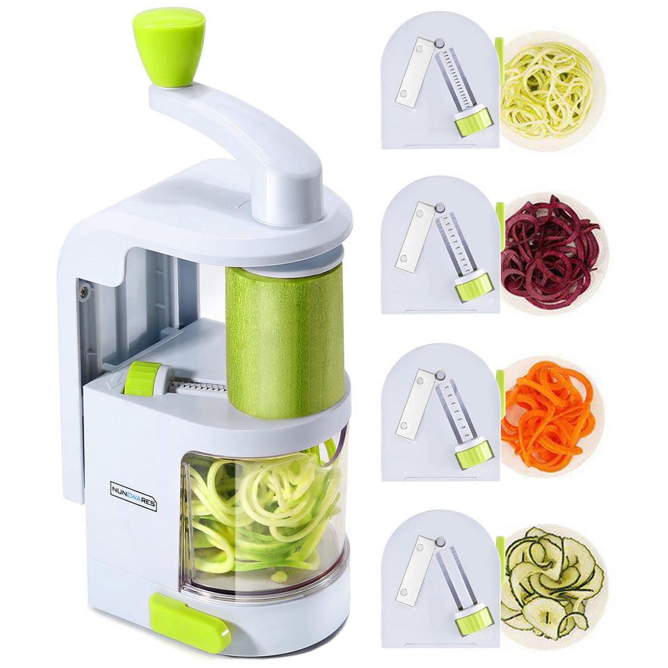 NUNEWARES spiralizer with 4-in-1 rotating blades delivers quick veggie spirals.
