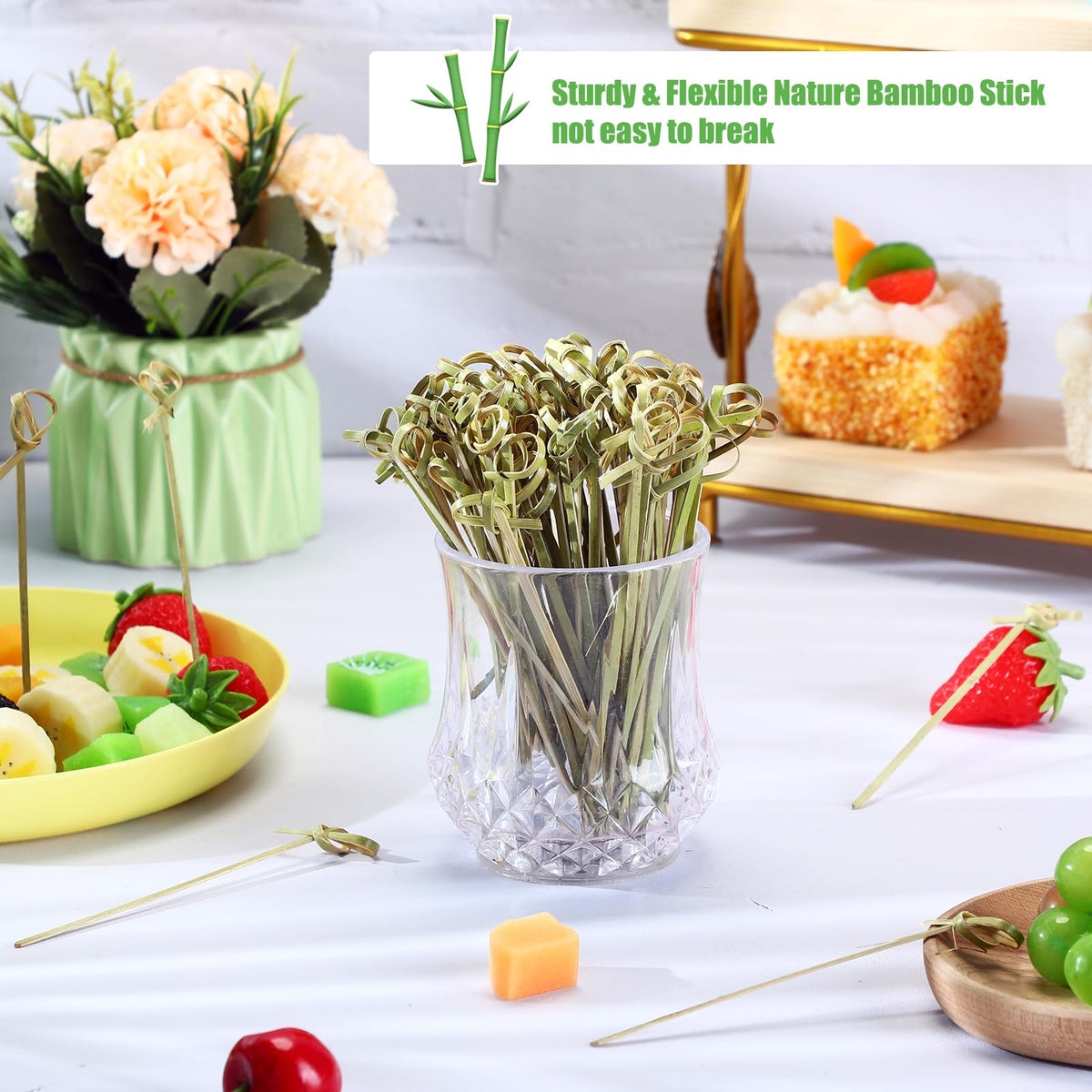 Nuogo green cocktail skewers add eye-catching color to appetizers at parties.