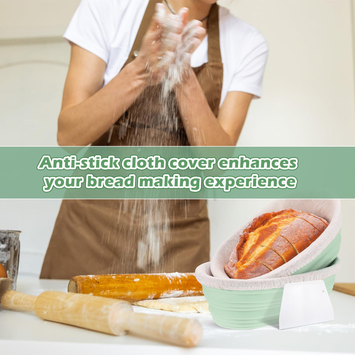 Nuogo silicone proofing basket in use during baking for even crust
