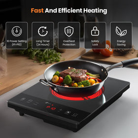 Nuopuplai hot plate demonstrates cookware compatibility with stainless steel pans.
