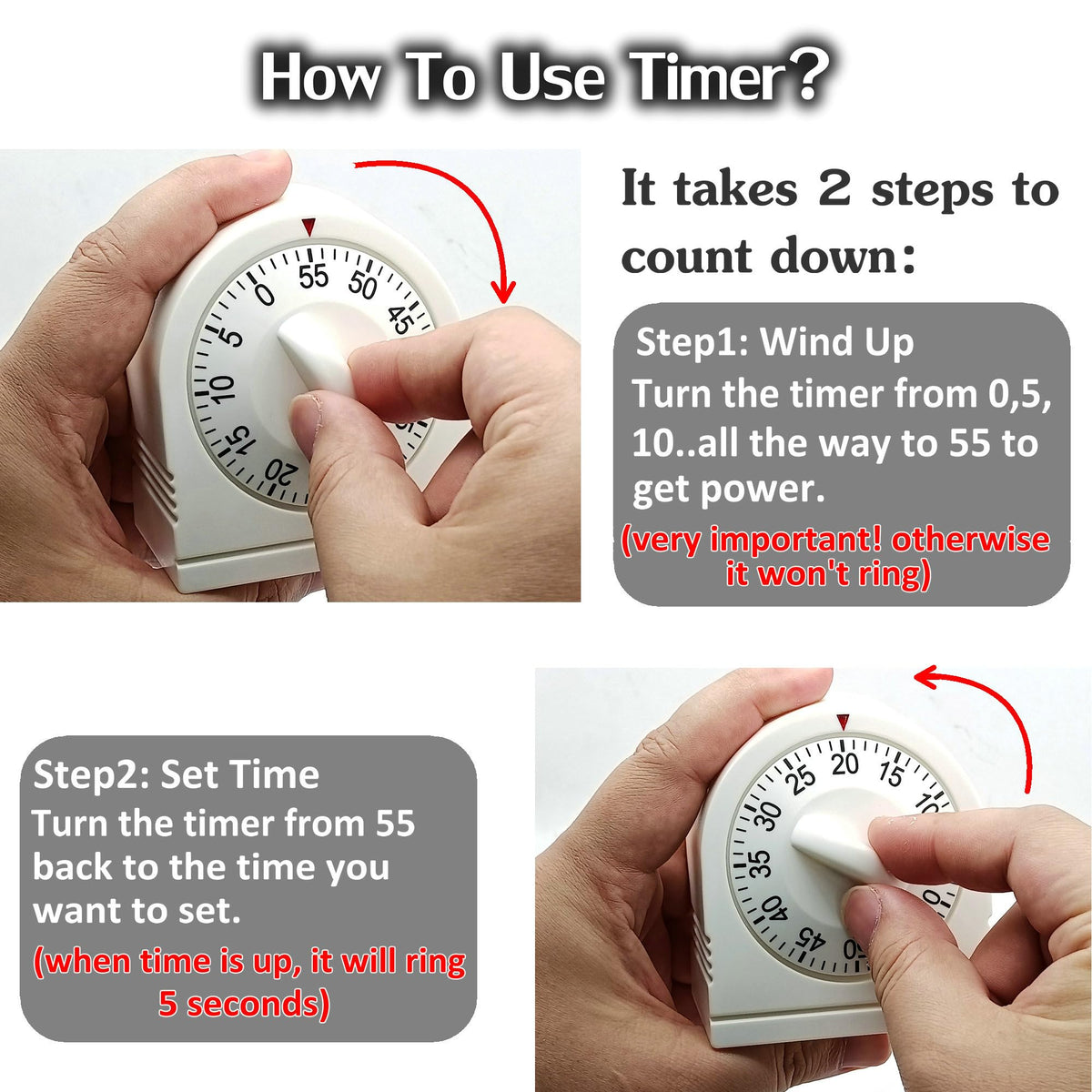 NUOSWEK wind-to-55 setting demonstrates two-step setup for consistent countdowns.