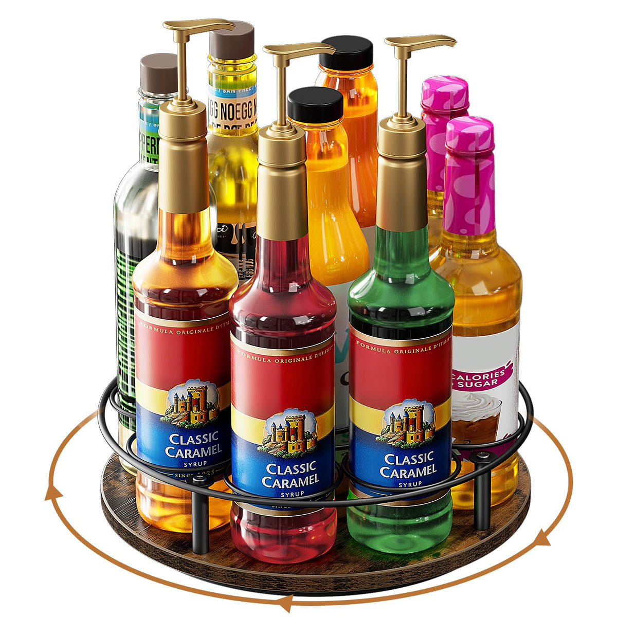Nuovoware rotating syrup rack top view shows nine bottles organized and accessible