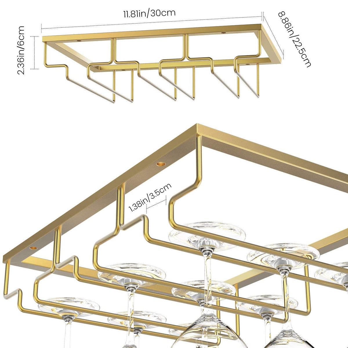Nuovoware gold finish stemware storage rack highlighted in modern kitchen
