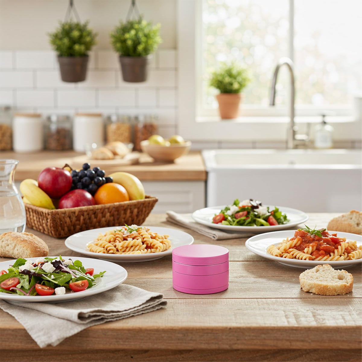 Nuovoware pink spice grinder, drawer-ready for fast spice prep.