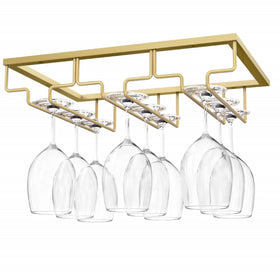 Nuovoware under-cabinet wine glass rack in gold, front view with three rows, keeps stemware organized