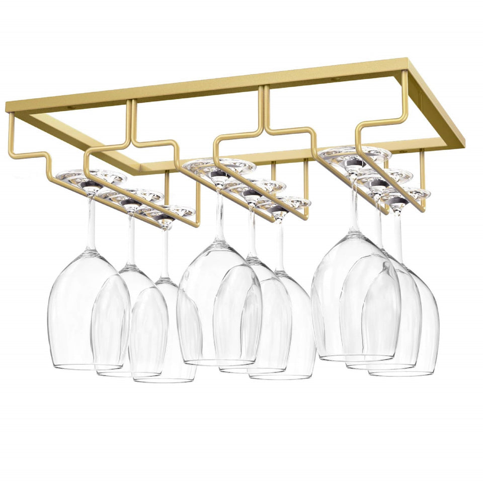Nuovoware under-cabinet wine glass rack in gold, front view with three rows, keeps stemware organized