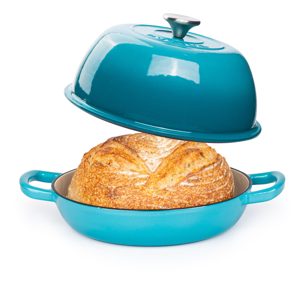 Nuovva blue enamelled cast iron dutch oven with lid for even heat and crusty bread