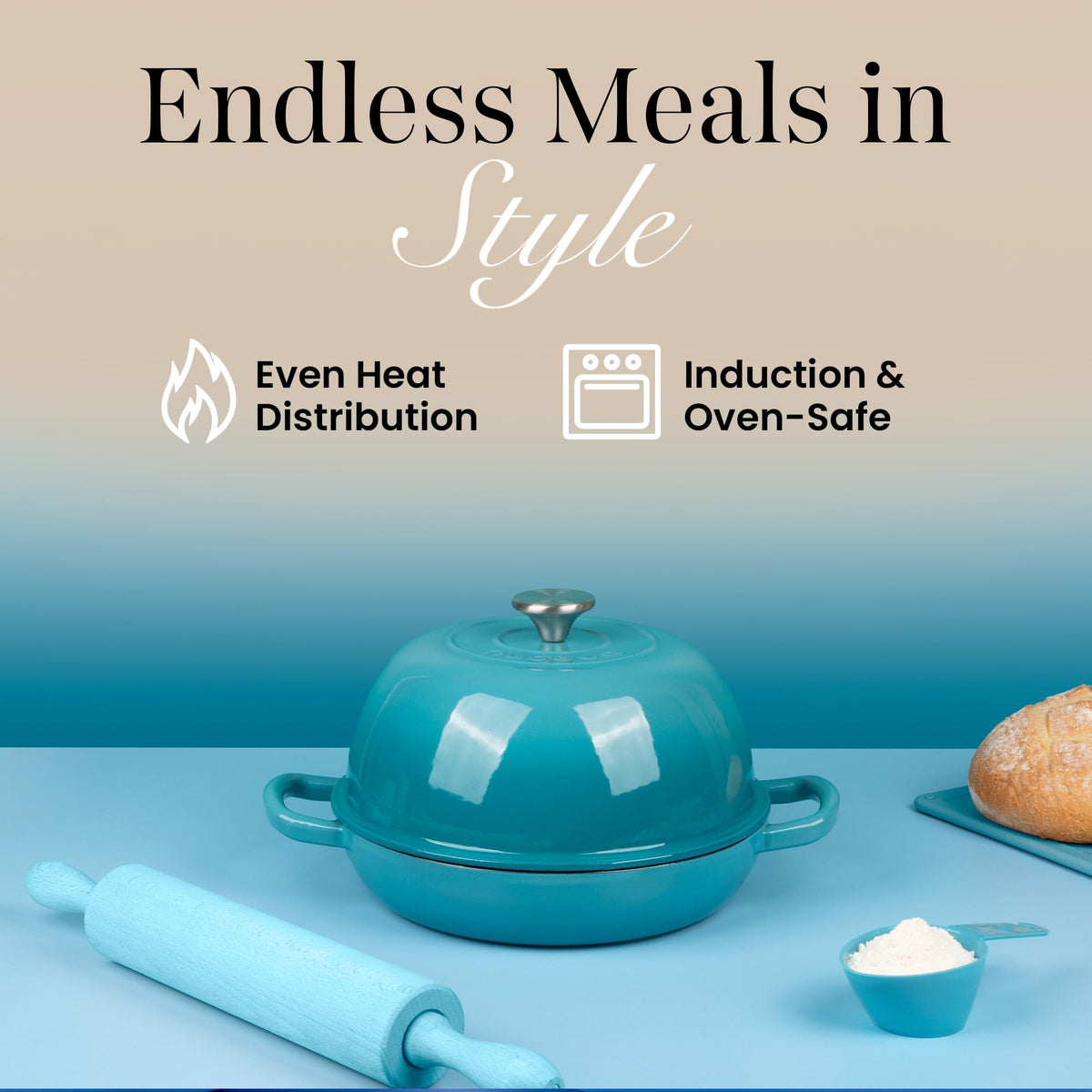 Nuovva cast iron bread pot doubles as a serving dish for table-ready meals