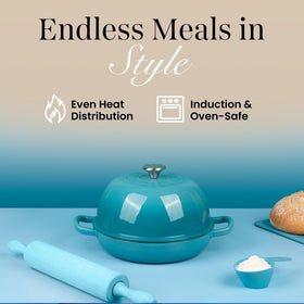 Nuovva cast iron bread pot doubles as a serving dish for table-ready meals
