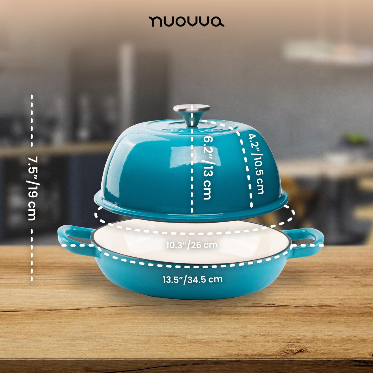 Nuovva blue enamelled bread pot lid for steam-retained baking and moist crumb