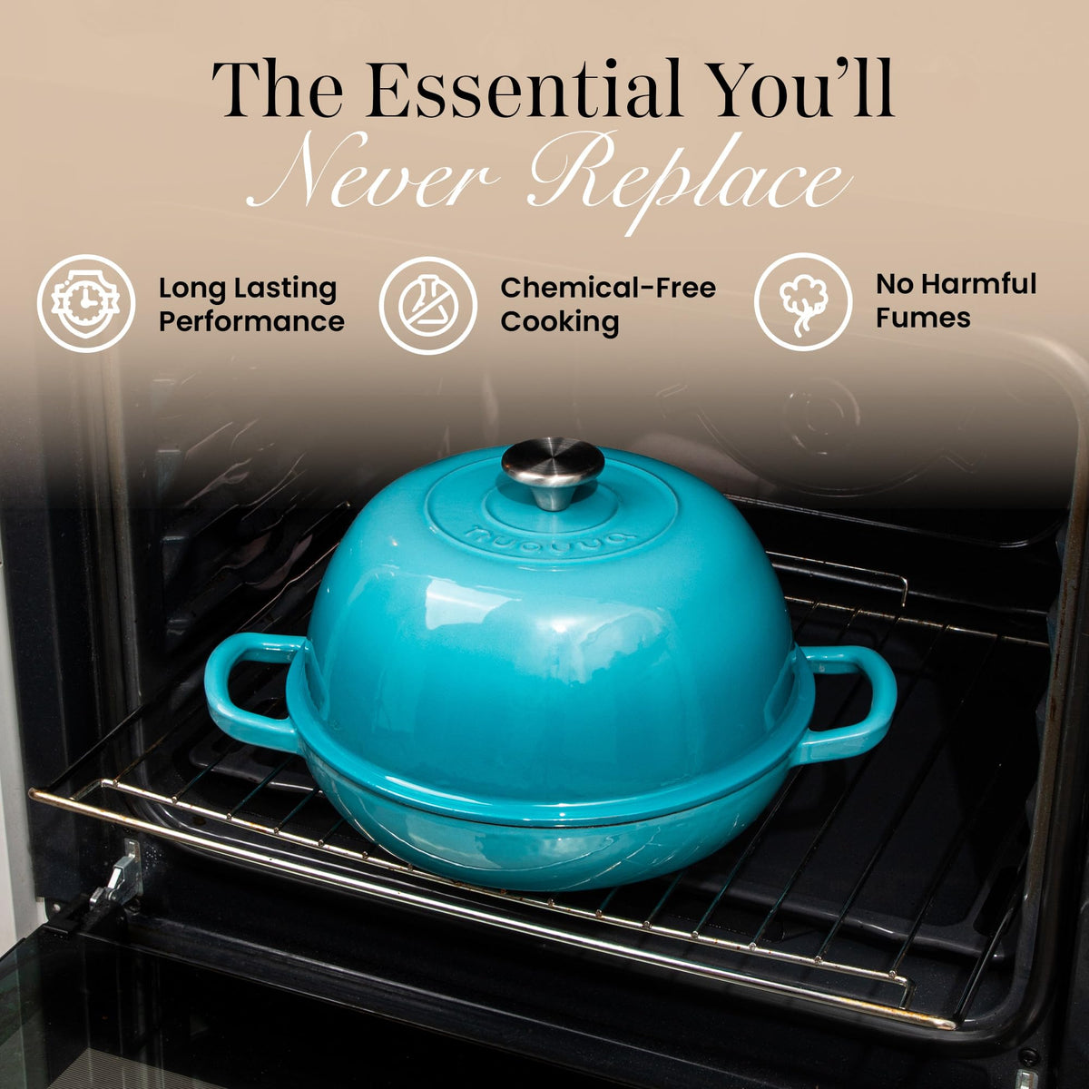 Nuovva enameled finish resists rust and scratches for lasting kitchen use