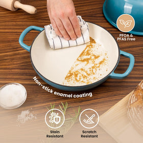 Nuovva blue pot creates a golden crust with lid-trapped steam