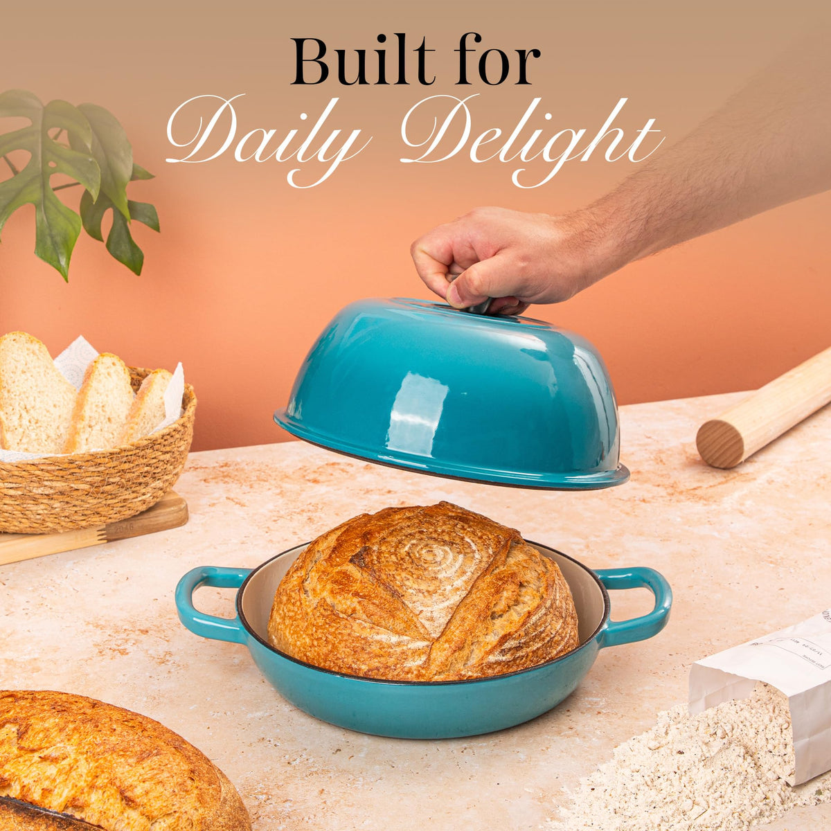 Nuovva blue enamelled pot aids even heat distribution for bread and meals
