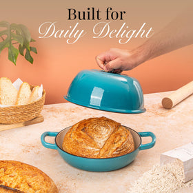 Nuovva blue enamelled pot aids even heat distribution for bread and meals