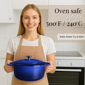 Nuovva Dutch oven in vibrant blue brightens kitchen surface and decor.