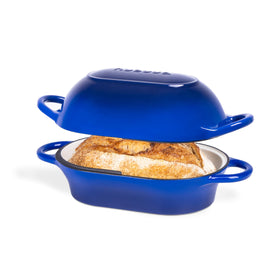 Nuovva Dutch Oven Bread Loaf Pan in dark blue, promotes even bread baking