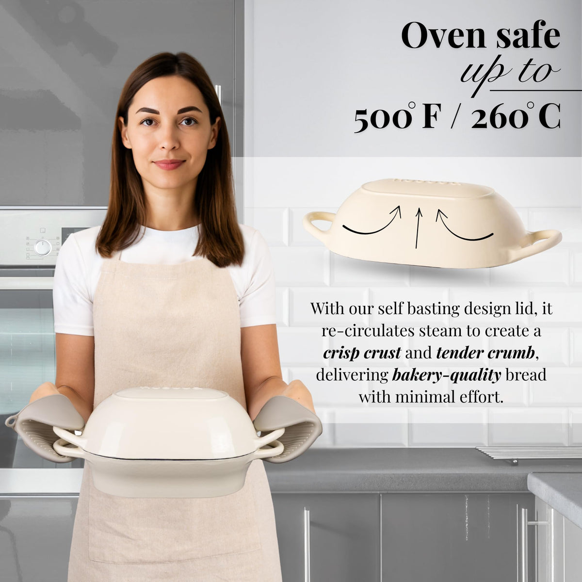 Nuovva cream enamel interior for easy cleaning after baking.