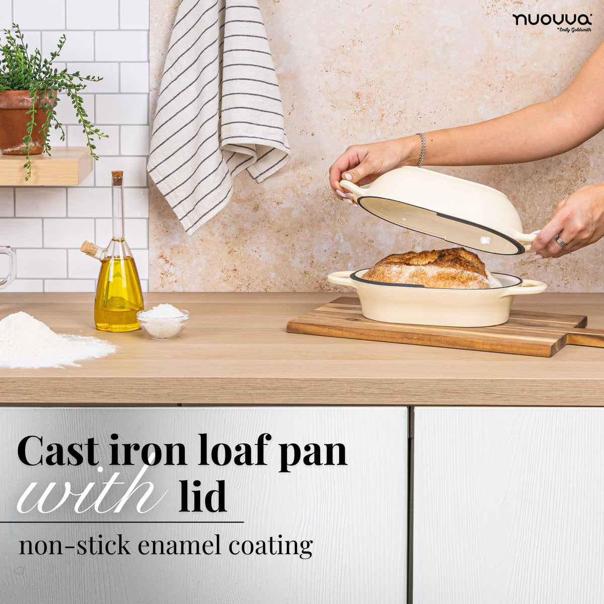 Nuovva cream Dutch Oven demonstrates long heat retention for even cooking.