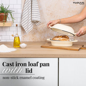 Nuovva cream Dutch Oven demonstrates long heat retention for even cooking.