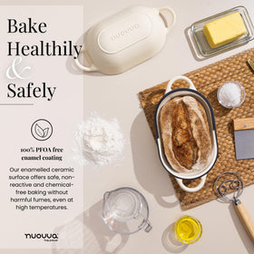 Nuovva cream Dutch Oven in a compact kitchen setup.
