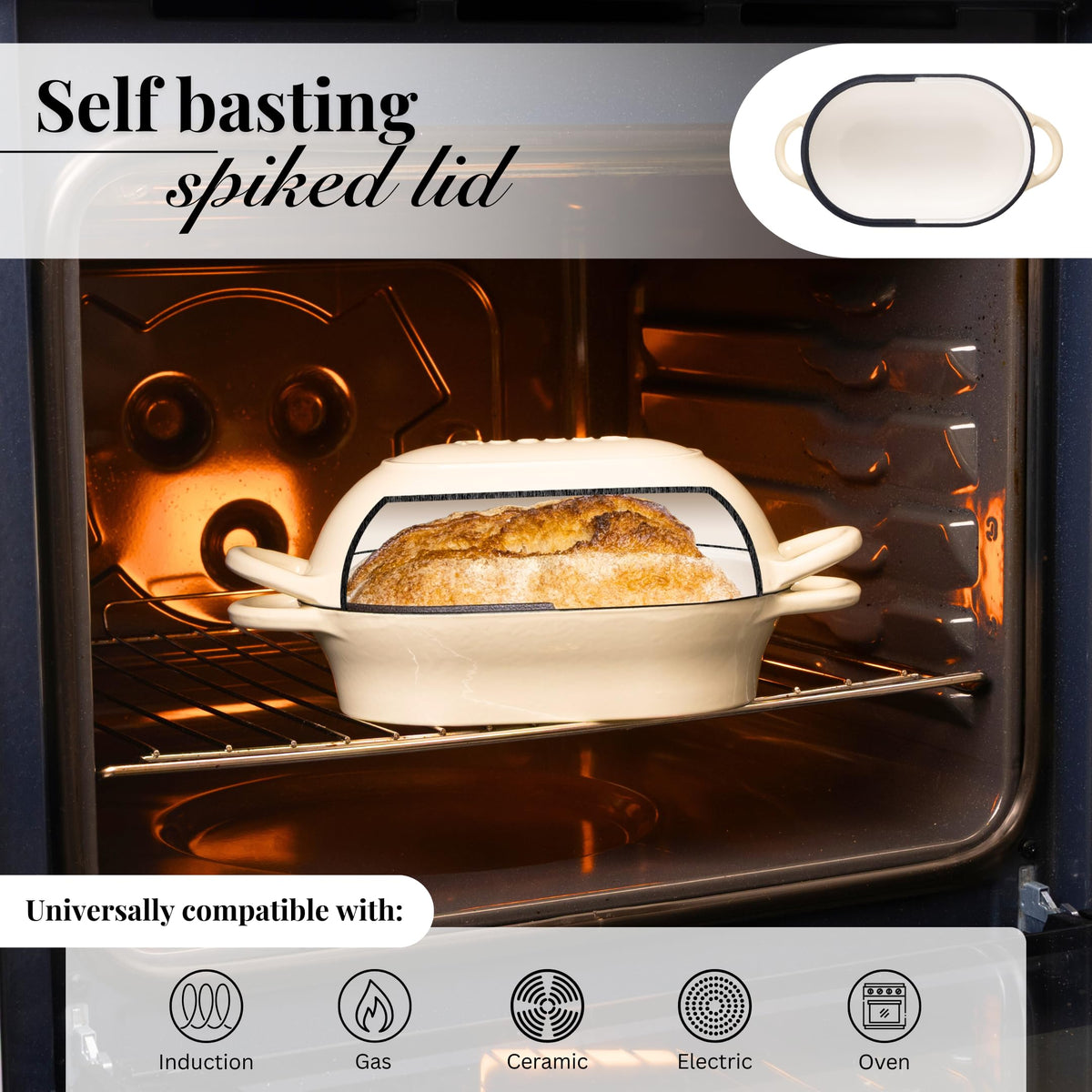 Nuovva cream Dutch Oven lid with ridges boosts flavor through steam.