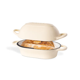 Nuovva cream rectangular Dutch Oven front view showing even heat for bread.