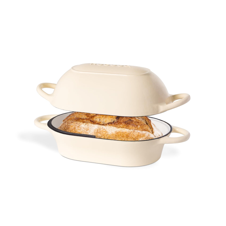 Nuovva cream rectangular Dutch Oven front view showing even heat for bread.