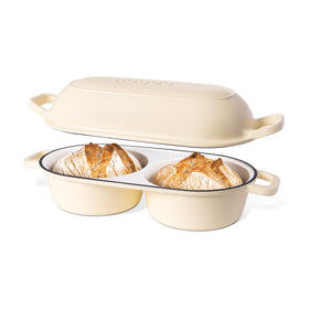 Nuovva Dutch Oven with dual loaf spaces bakes two loaves evenly.