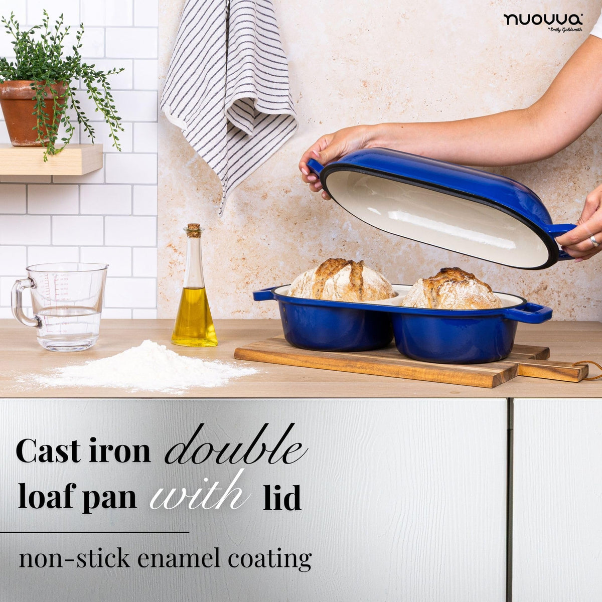 Nuovva induction-compatible base works on gas, electric, ceramic, and induction stoves.
