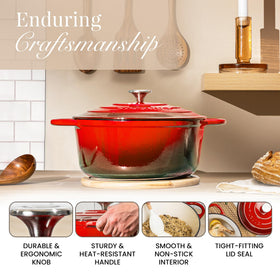 Nuovva red enamelled Dutch oven prepared for baking, browning, and slow cooking.